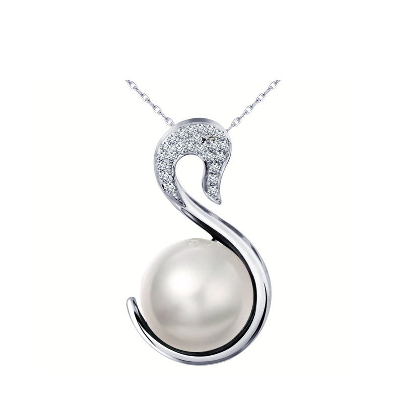 Silver 925 Sterling Necklace with Zircon & Perl - White - miqaya